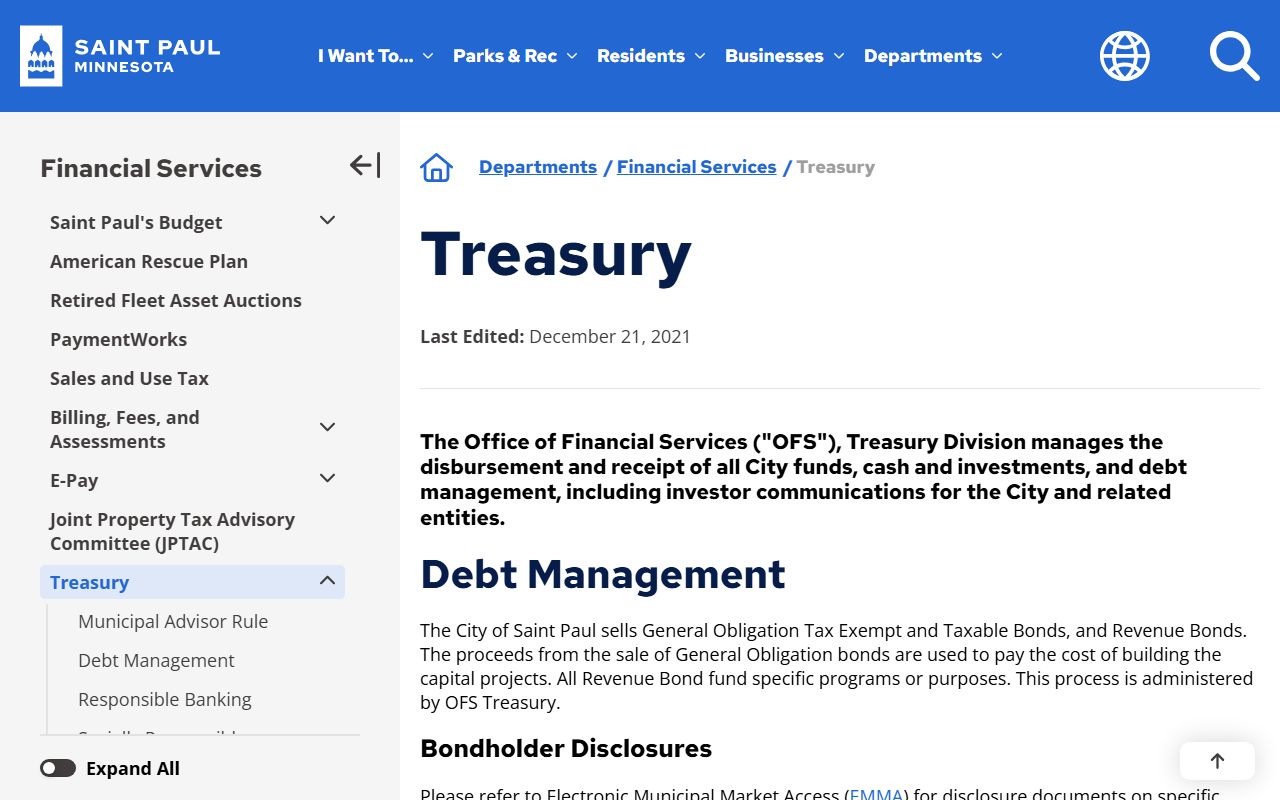 Saint Paul unclaimed money Treasury Division city financial services page