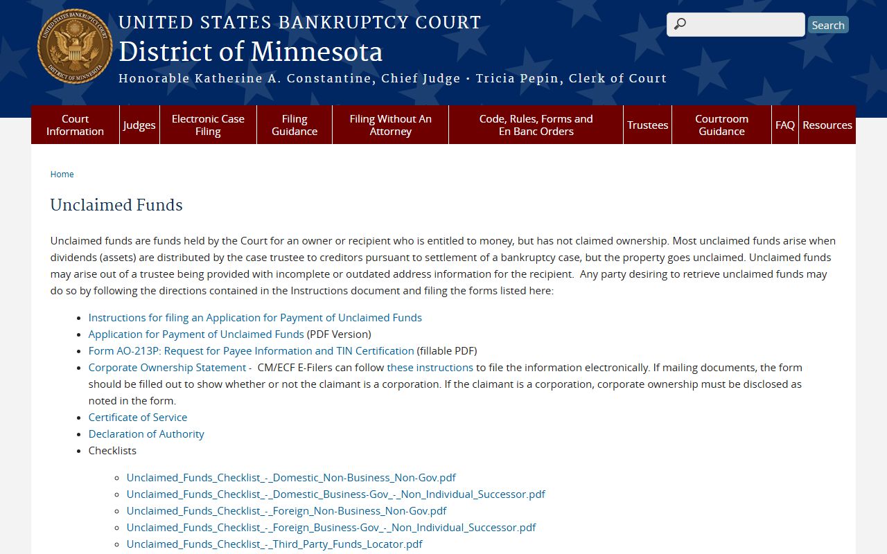 U.S. Bankruptcy Court Minnesota federal unclaimed money funds