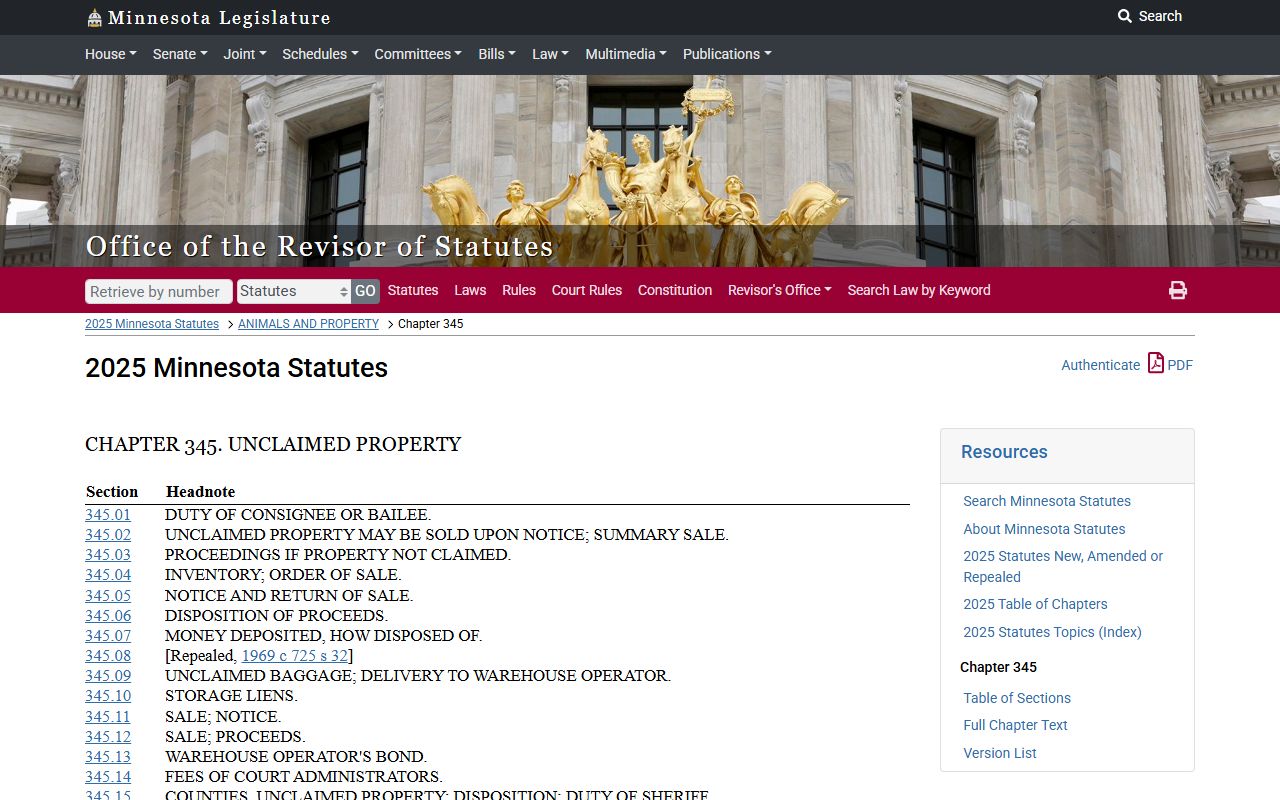 Minnesota Statutes Chapter 345 unclaimed money laws