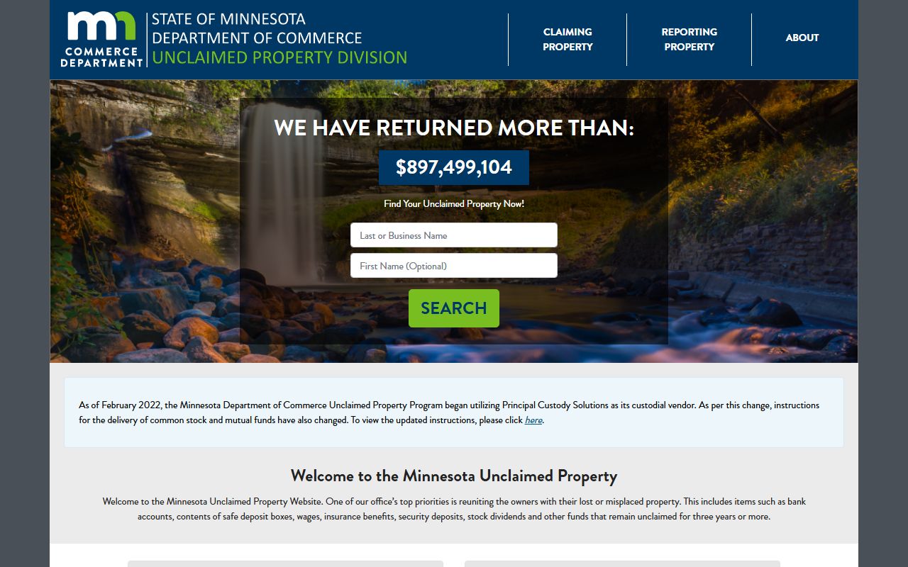 Minnesota unclaimed money official search portal homepage