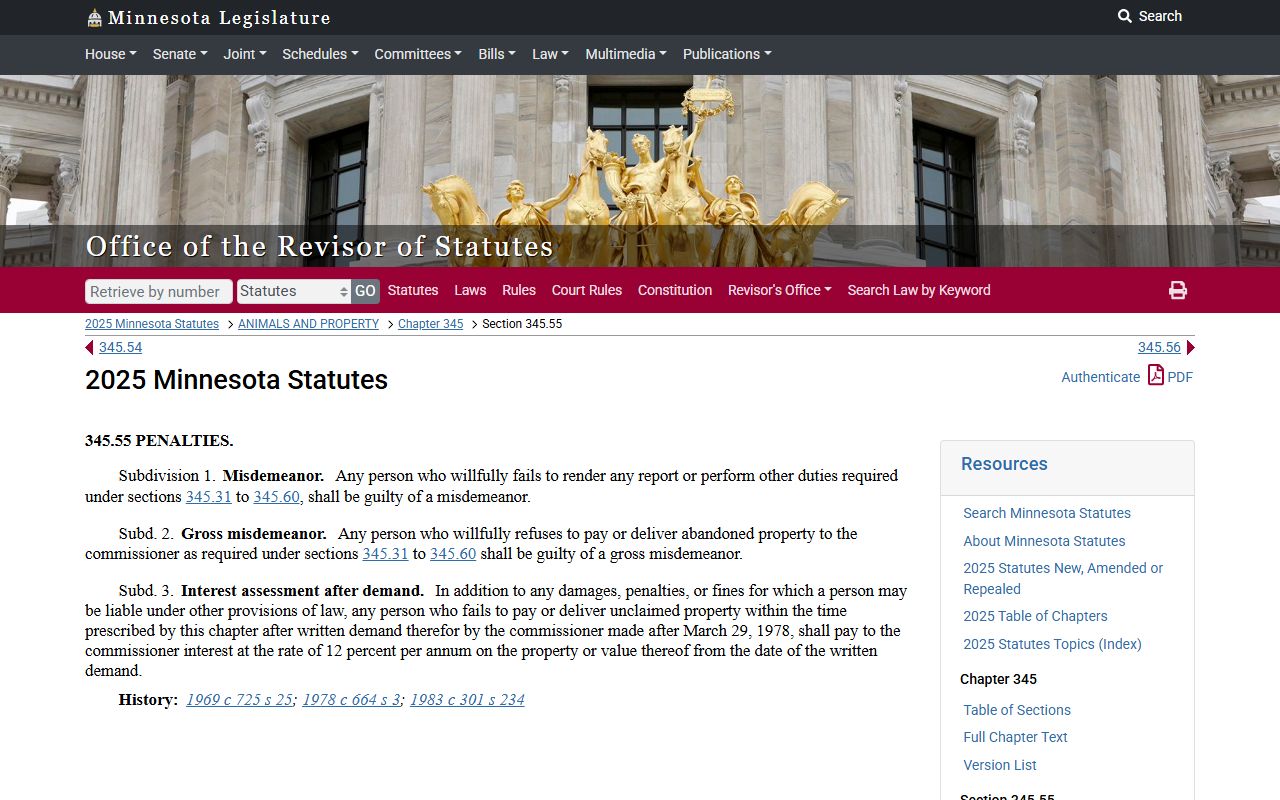 Minnesota Statute 345.55 unclaimed money penalties and enforcement